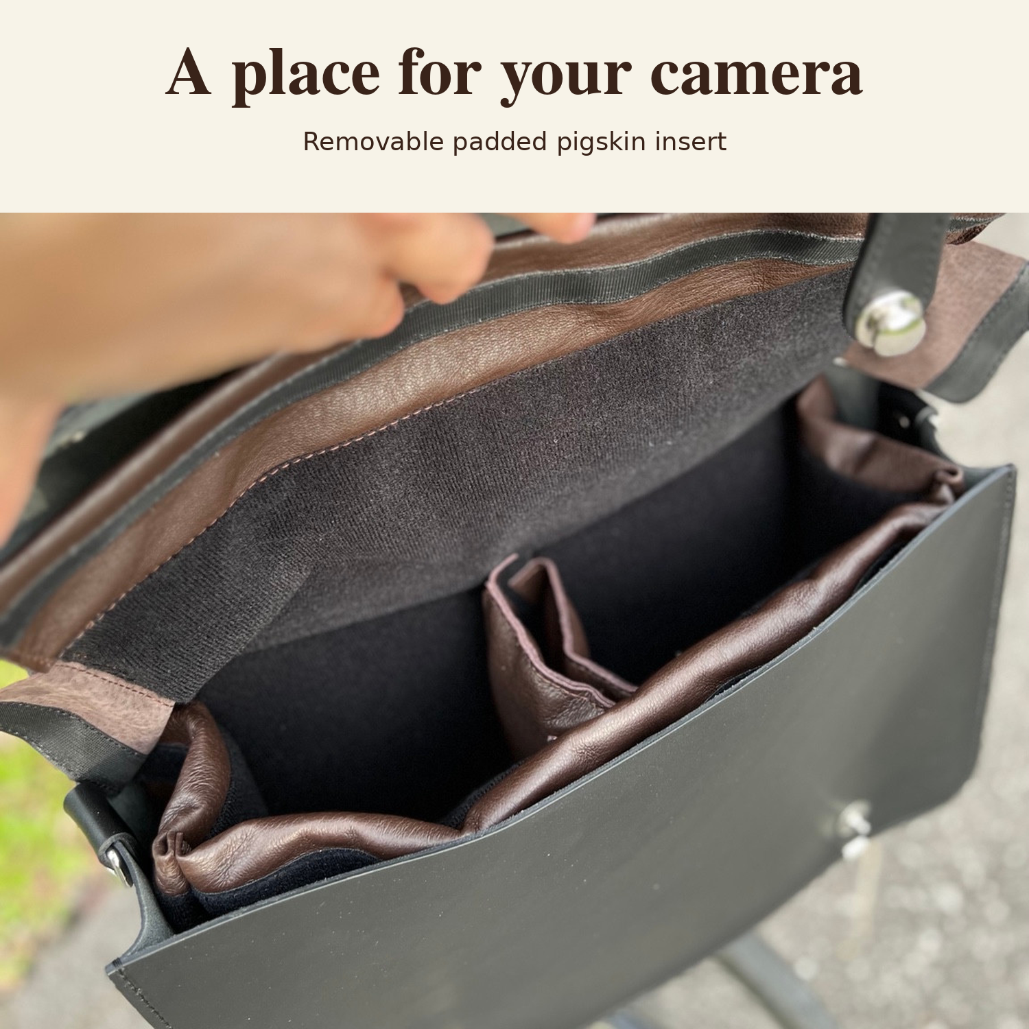 Open Souma Camera Bag showing the removable padded pigskin camera insert