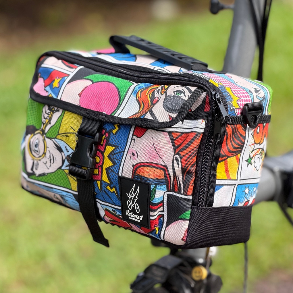Valeria’s Cris Mini #02 5L Brompton bag with multicolour comic-print fabric, black trim and buckle closure