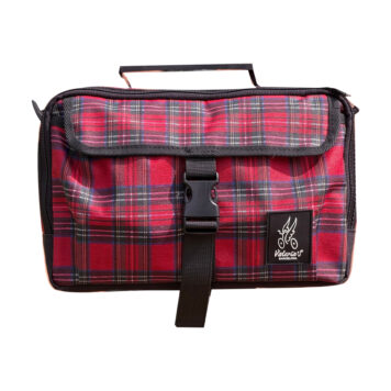 Valeria’s Cris Mini #10 red tartan Brompton bag, isolated on white