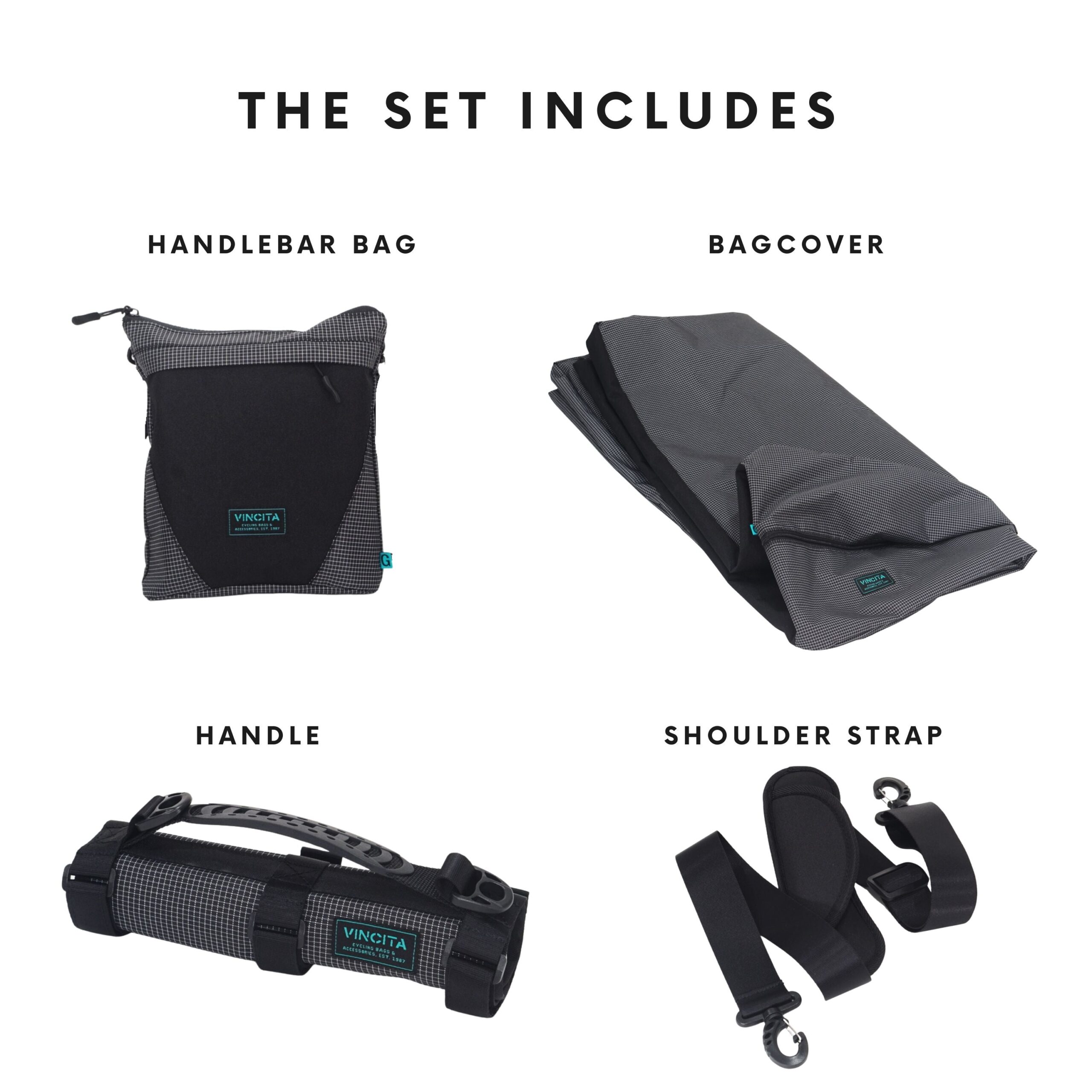 Vincita Invisibility G Line set including handlebar bag, bike cover, carrying handle and shoulder strap.